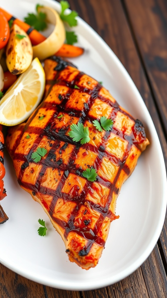 Juicy grilled chicken breast garnished with parsley and served with grilled vegetables on a rustic table.